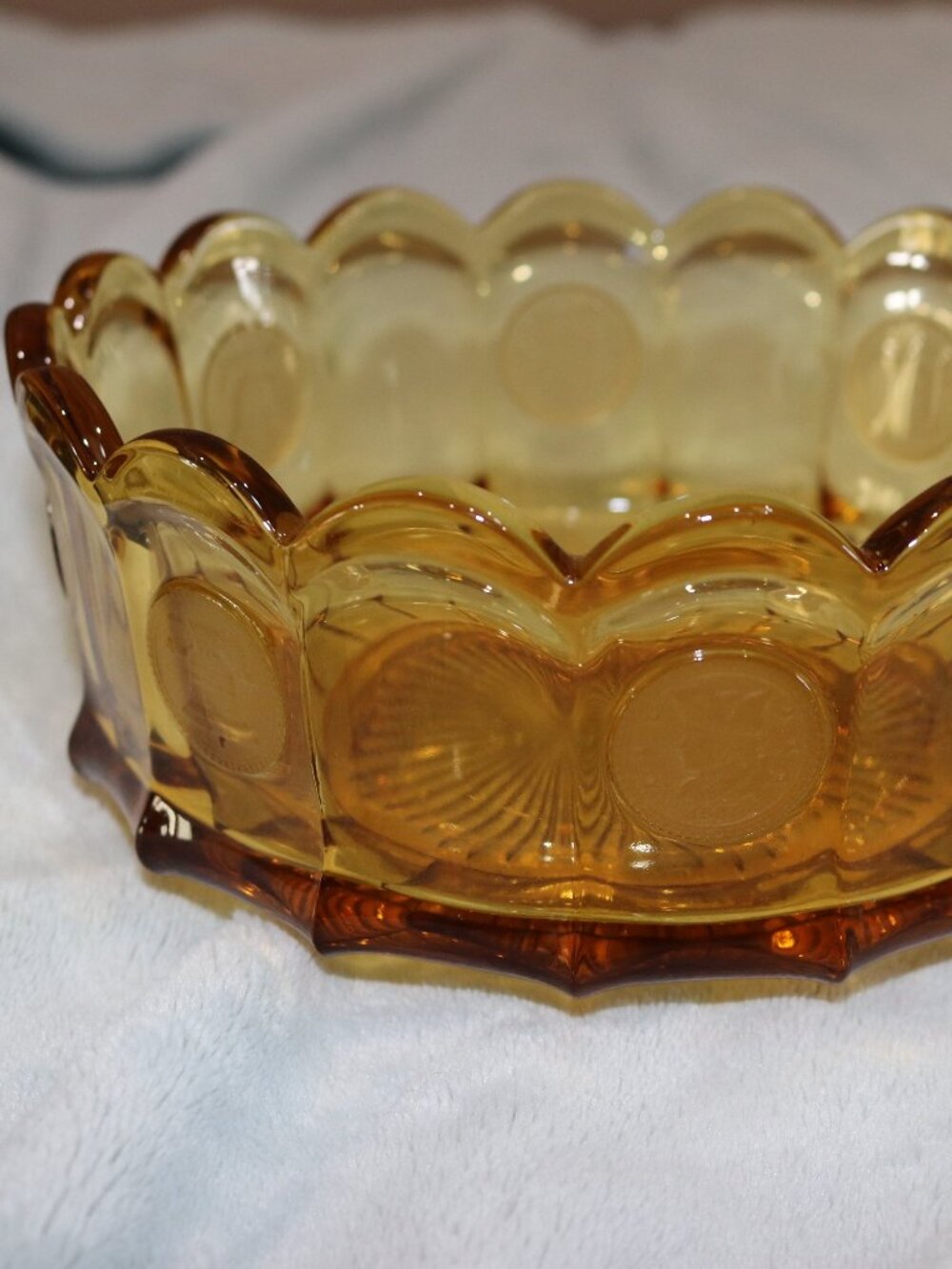 Vintage Fortoria Coin Liberty Bell gold etched serving bowl.